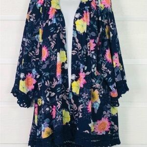 JODIFL Navy Floral Oversized Kimono Crocheted Hem